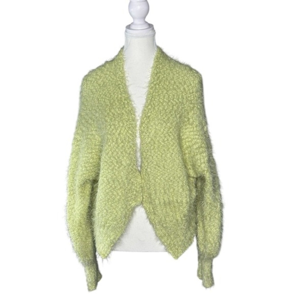Louna Fuzzy Knit Cropped Cardigan Sweater Lime Green Long‎ Sleeve Women's Medium